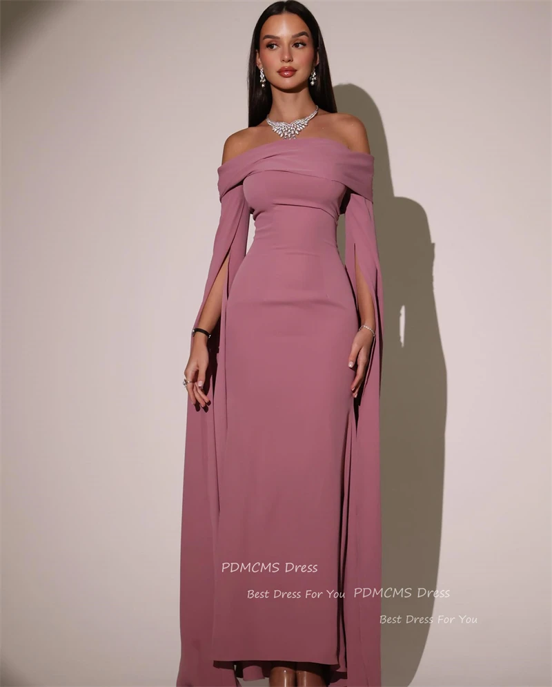 Modern Dusty Rose Saudi Arabic Women Evening Dresses Off Shoulder Flare Long Sleeves Silk Satin Dubai Formal Party Prom Gowns