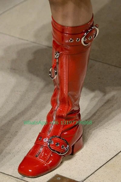 Lady PU low heel metal zip design boots buckle chunky heel red white poplar solid calf boots T show office lady shoes footwear