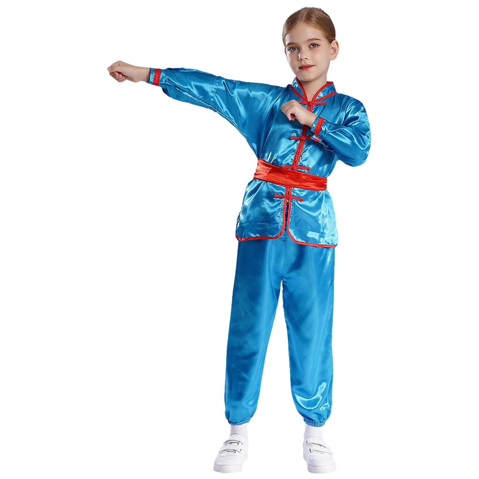 Kinderen Jongens Meisjes Satijnen Kung Fu Pak Vechtsporten Tai Chi Outfit Workout Halloween Kleding Stand Kraag Lange Mouw Top + broek Riem