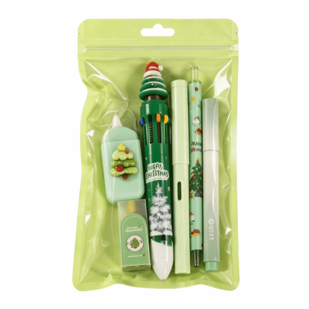 6Pcs/Set Cartoon Christmas Stationery Set 10-color Ballpoint Pen Highlighter Pen Cartoon Stationery Set Correction Tape Eraser