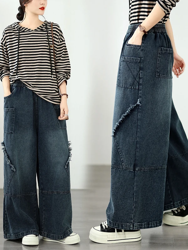 Heavyweight Denim Wide Leg Pants Loose Fit Straight Cut Versatile Casual High Waist Cotton Polyester Blend Blue Jeans