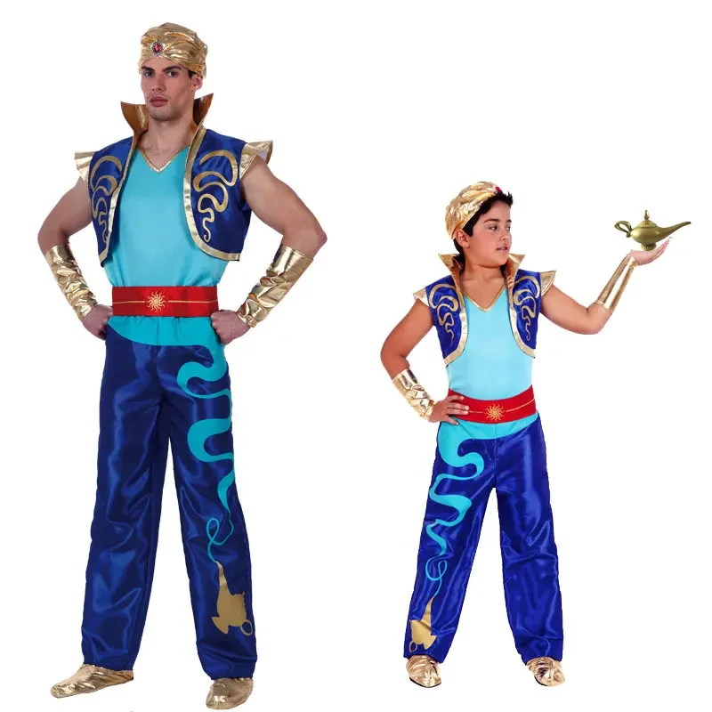 Aladdin Cosplay conjunto completo de roupas infantis e adultas, uniforme árabe para meninos, traje de carnaval de Halloween, traje anime masculino, dramatização