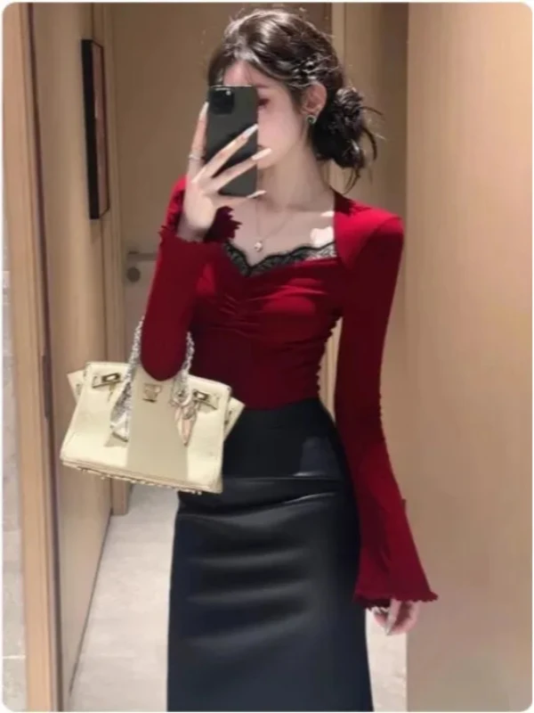 대형 사이즈 레이스 스플라이스 롱 슬리브 티셔츠 여성용 패셔너블 유니크 디자인 출퇴근용 겨울 상의 한국 버전 ...