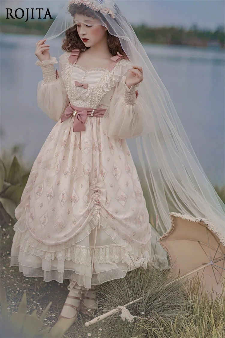 

Vintage Square Neck OP A-line Long Dress Women Elegant Lolita Daily Long Sleeve Dress Spring Autumn High Waist Princess Dress
