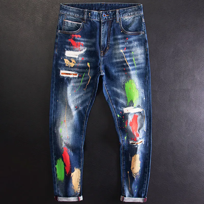 

Streetwear Fashion Men Jeans Retro Blue Stretch Slim Fit Ripped Jeans Men Painted Designer Hip Hop Splashed Denim Pants Hombre