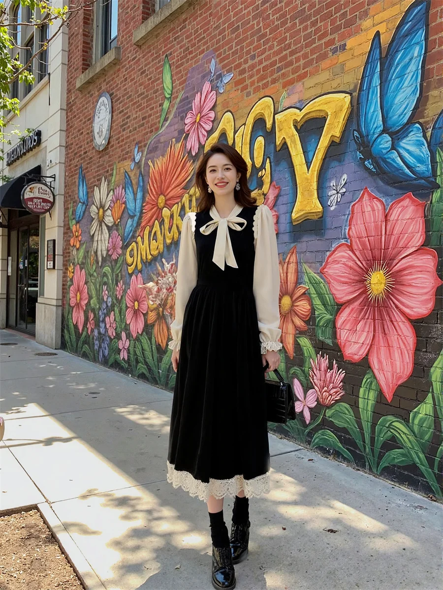 Vestidos femininos preto a linha retalhos outono primavera padrão bolinhas sem mangas em camadas de comprimento médio fino ajuste amarrado cintura alta