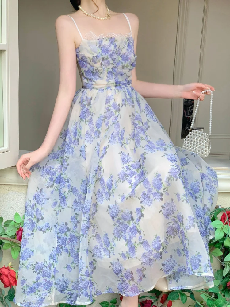 Floral Dresses Women Lace Sweet Vacation Summer Sleeveless Princess Fashion Ulzzang Ladies Temperament Vintage Slim Ankle-length