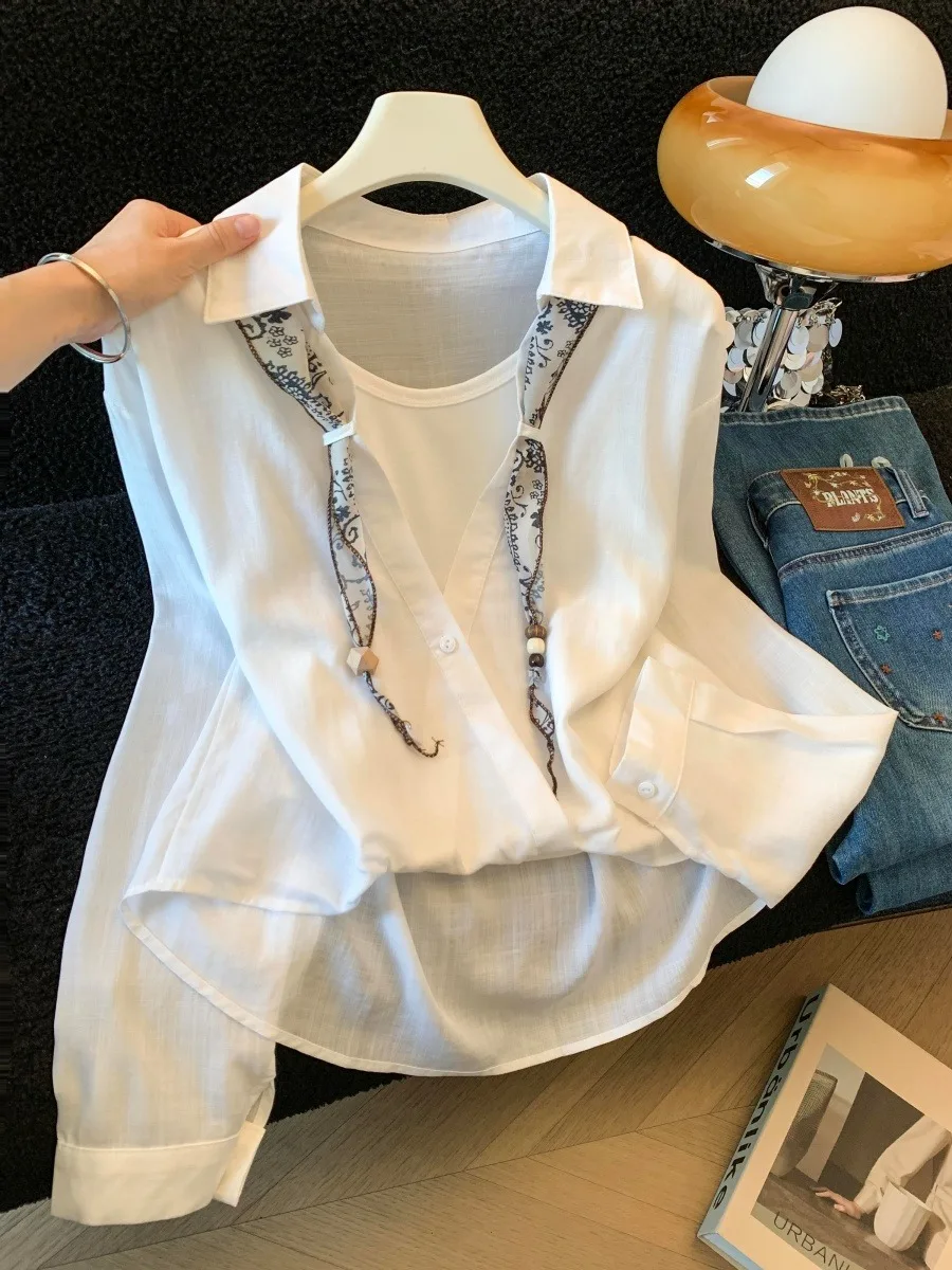 Loose Fit Korean Style Long Sleeve Neck Shirt Women's Autumn Silk Scarf Tie Asymmetrical Top Fake Two-Piece Design
