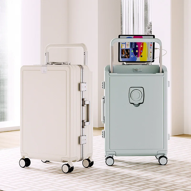 20/24/26/28 Inch Luggage Travel Suitcase Front Opening Boarding Case Aluminum Frame Trolley Case USB Charging Cabin Suitcase