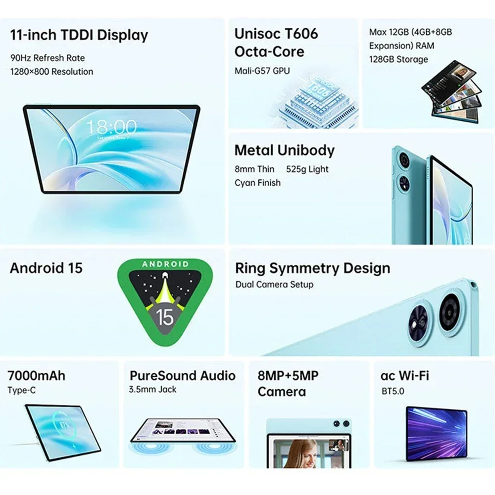 Casing Teclast P50 Tablet Layar 11 Inci Android 15 1280X800 Unisoc T606 CPU Octa-Core RAM 4GB ROM 128GB Baterai 7000MAh 8MP + 5MP