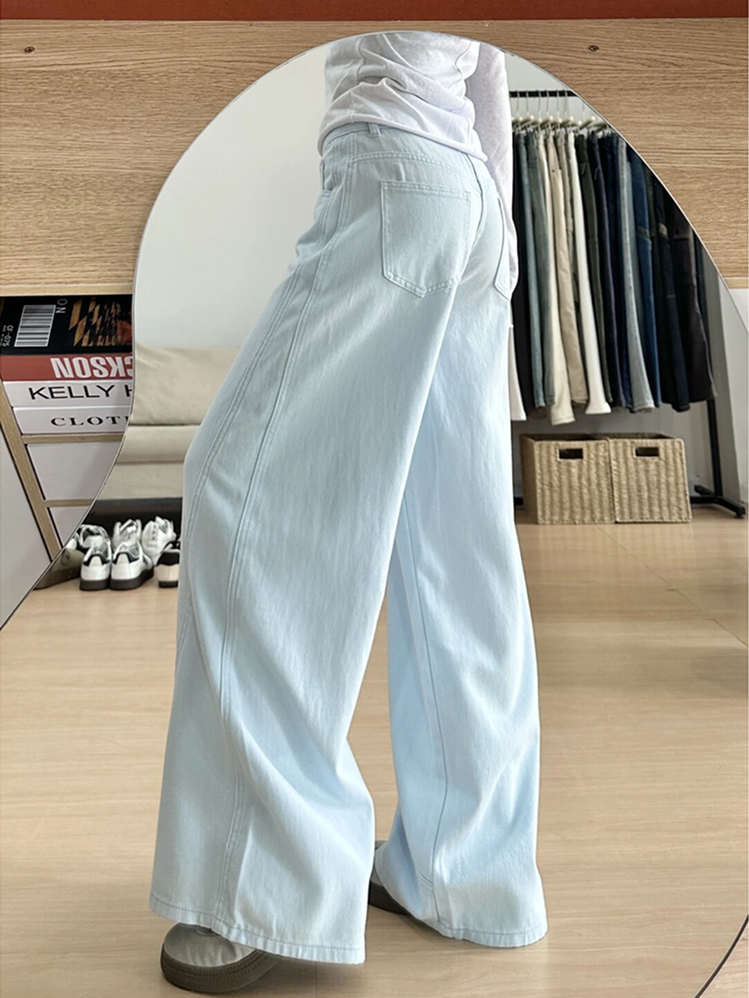 블루 와이드 레그 진 여성용 루즈 스트레이트 컷 슬리밍 하이웨이스트 바지 가을 겨울 봄 시즌 하이웨이스트 와이드 레그...