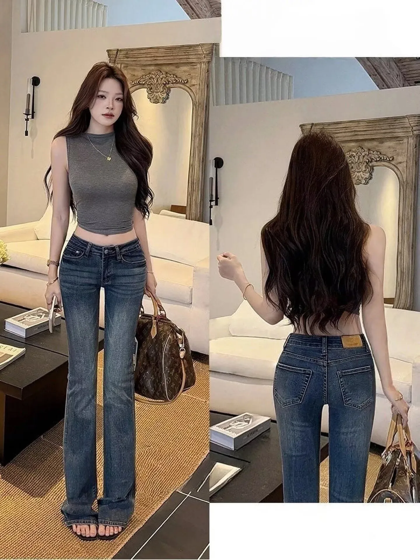British Retro Slim Fit Low Waist Denim Pants Vertical Stripe Bell Bottoms Elastic Hip Enhancing Long Trousers for Women