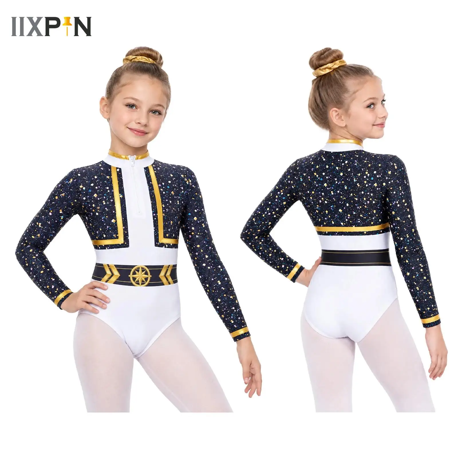 Kids Girls Printed Rhythmic Gymnastics Skating Dance LeotardLong Sleeve Zipper Mesh Patchwork Bodysuit Performance Costume