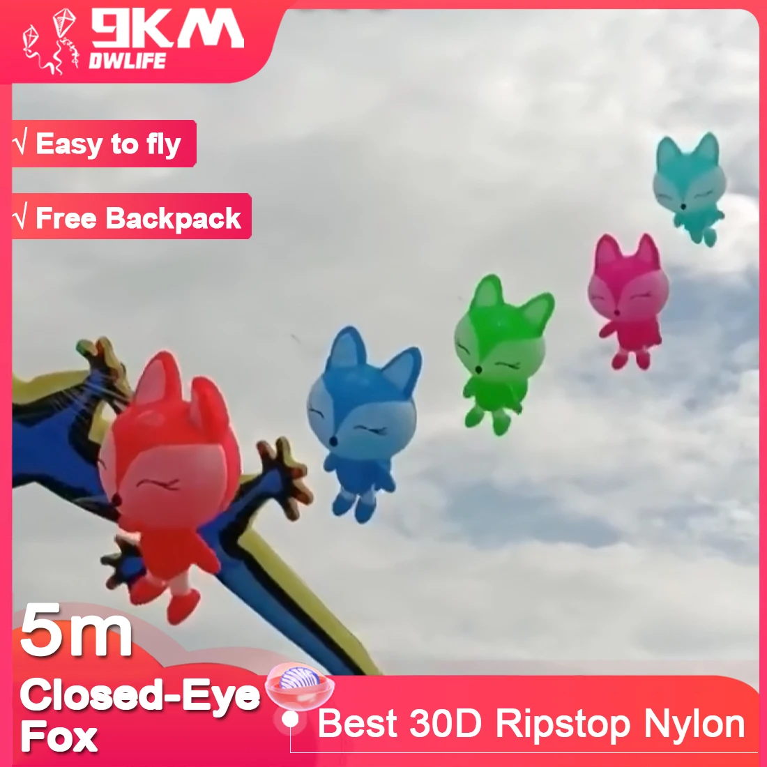 9KM 5m Closed-eye Fox Kite Line Laundry Kite Soft Inflatable Show Kite Pendant 30D Ripstop Nylon with Bag for Kite Festival