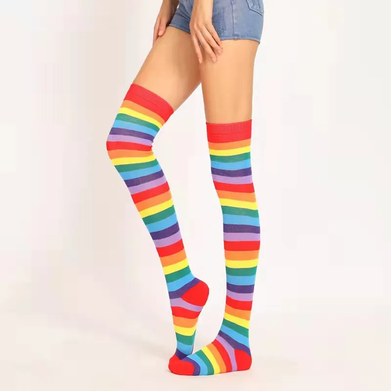 1Pair New Fashion Girls Over Knee Long Stripe Printed Socks Casual Women Colorful Rainbow Cotton Socks Sweet Cute Plus Size Sock