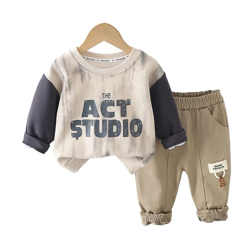 Toddler 2 Piece Outfit 2025 New Spring Baby Boy Boutique Clothes 1-5T Casual Letter Patchwork Pullover Tops and Pants Kids Set