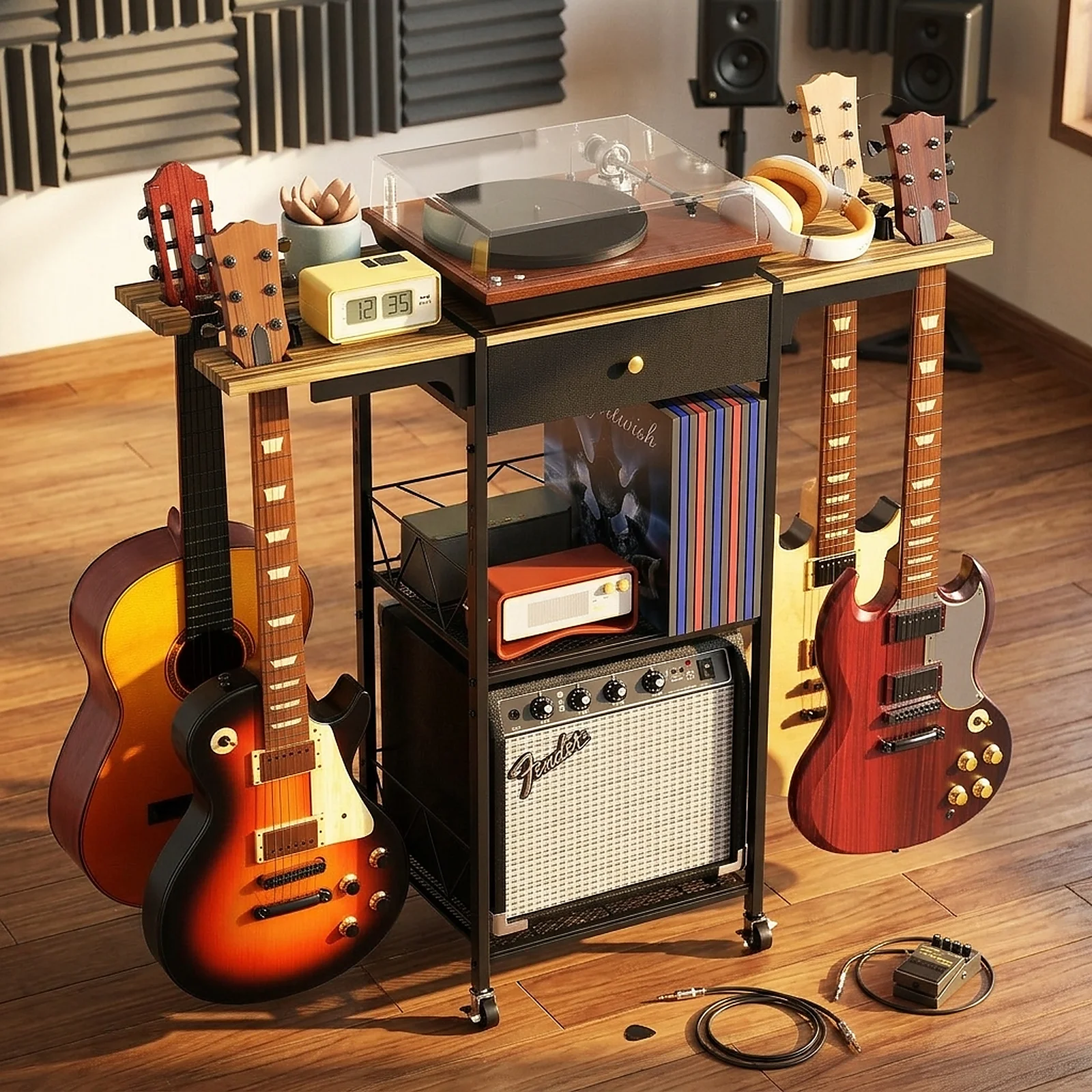 Zoyiancy 3-Tier Multi Guitar Stand With Amp Shelf, Drawer And Wheels, Black Metal And Woodgrain Guitar Storage Rack