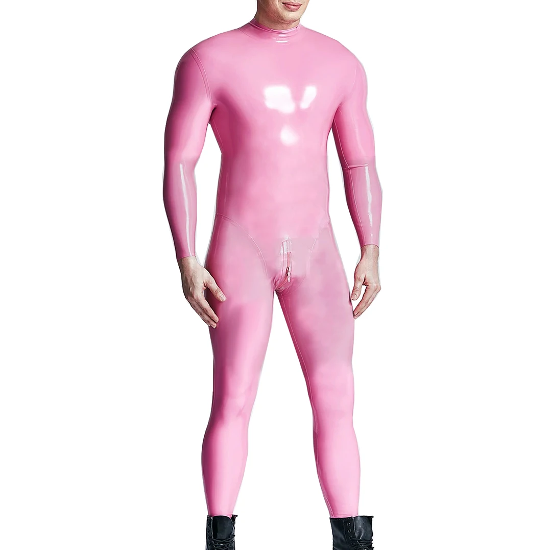 

Sexy Pink Latex Gummi Mens Catsuit Rubber Bodysuit with Back and Crotch Zip Jumpsuit Handmade Clothing RLCM192