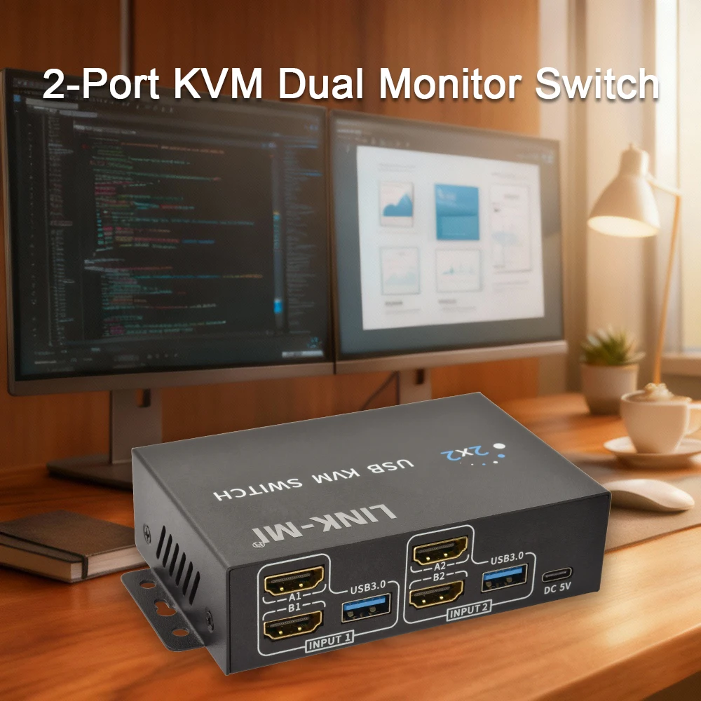 

2-портовый KVM-переключатель с двумя мониторами. Поддержка комплекта клавиатуры, мыши и 2 монитора для управления 2 хостами 2. и Unix/Window.