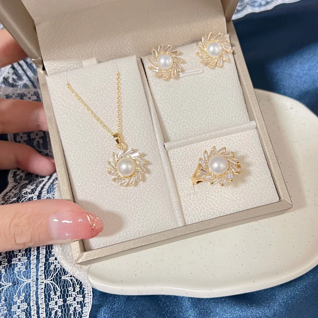 

New Arrival Natural Freshwater Pearl Sets Sunflower Design 14K Gold Filled Necklace Earrings Rings For Women Gift