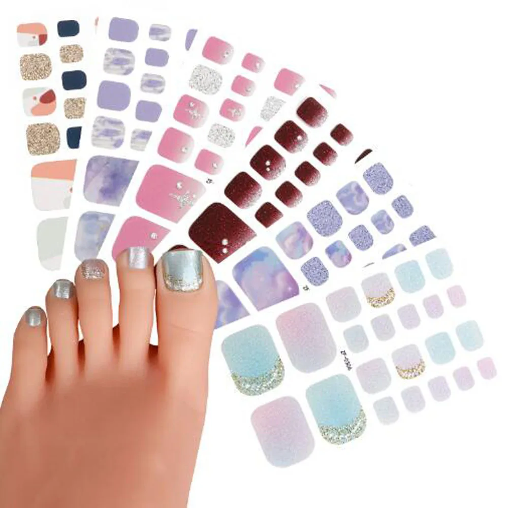 3D Toe Nail Stickers Diamond Pearl Glitter Girls Foot Nail Wraps DIY Adhesive Full Cover Fake Nail Patch Manicure Polish Decals