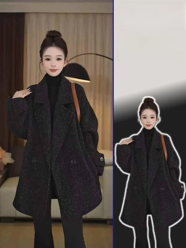 

plus Size Women's Bla Woolen Coat Double Breasted Loose Fit Spring Autumn Faionable Ele Sle Casual Vintage Design