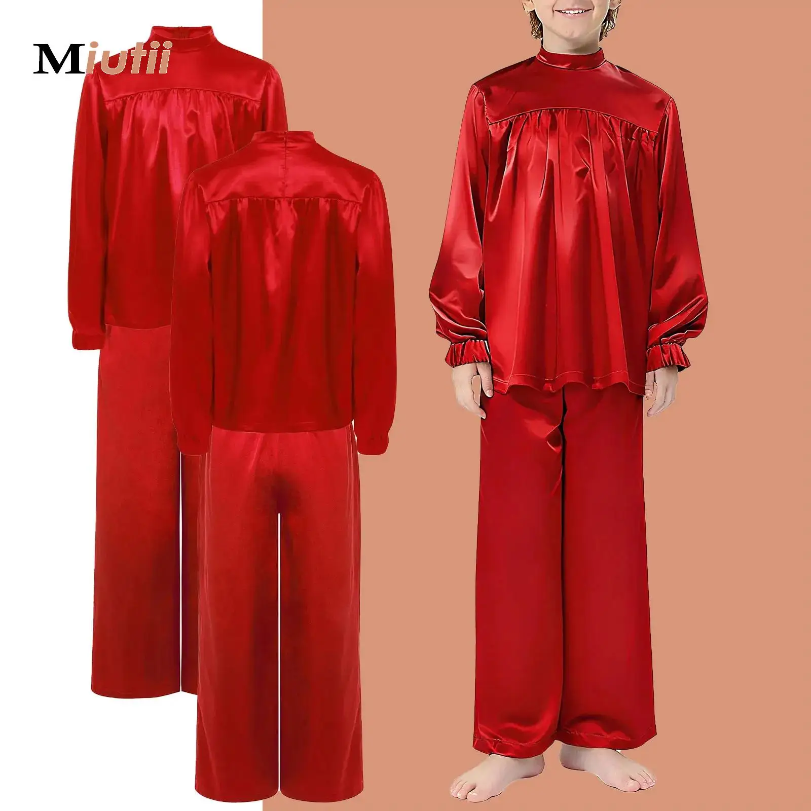 

Boys Girls Choir Worship Praise Dance Costume Christian Priest Performance Theme Party Dancewear Satin Top Wide-Leg Pants Set