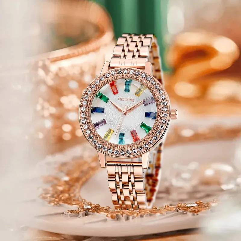 ROCOS Luxury Elegant Watch for Women Rose Gold Watch Fashion Ladies Quartz Diamond Wristwatch Female Wristwatch R0260