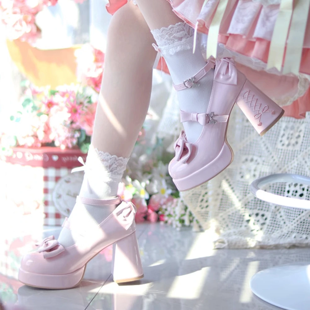 

Lolita High Heels Pink Platform Mary Jane Shoes Round Head Bow Kawaii Summer Leather Casual Women Shoes Pumps