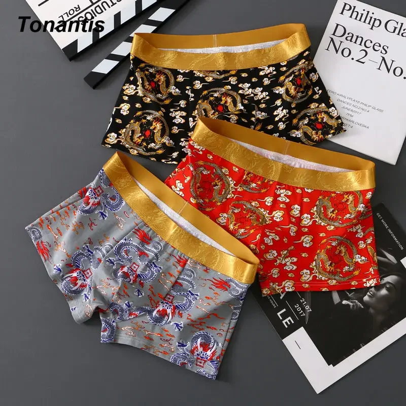 3Pcs/Set Dragon Boxer Men\'s Panties Underpants Cotton Male Comfortable Breathable Man Boxershorts Sexy Underwear For Men M-4XL