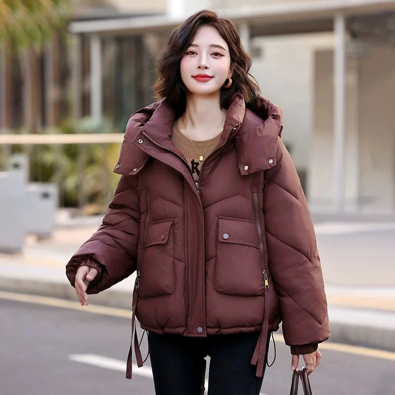 

2025 модная короткая повседневная хлопковая куртка женские парки однотонные с капюшоном в корейском стиле зимняя новая хлопковая одежда женская верхняя одежда