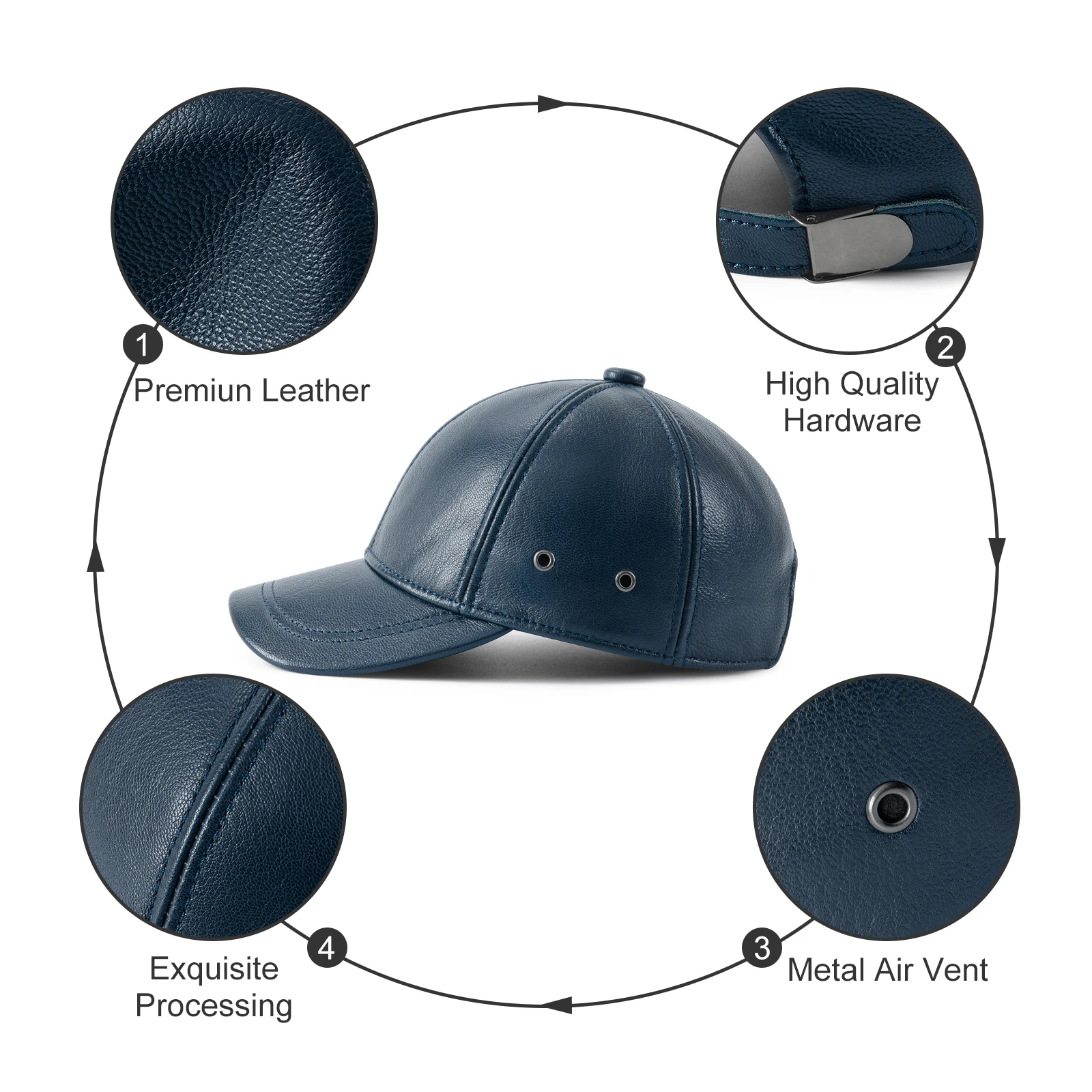 Feinion Adjustable Men's Genuine Cowhide Leather Baseball Cap for Fall Winter Outdoor Sports Hat