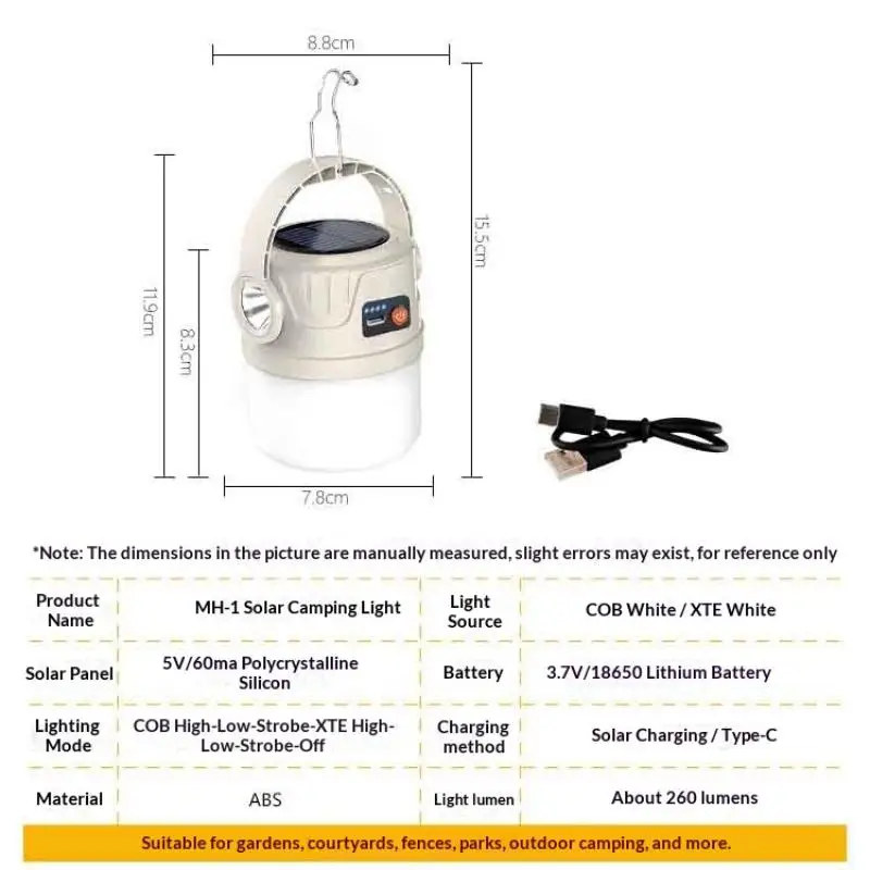 Long Endurance Camping Light Solar Powered Supports Type-c Charging Outdoor Portable Tent Light Emergency Light Hook