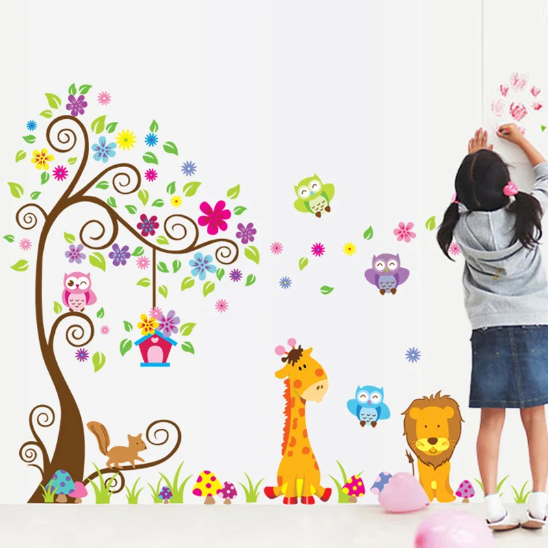 colorful tree lion giraffe owl animal wall stickers original  creative wall art bedroom home decorations wall decals poster
