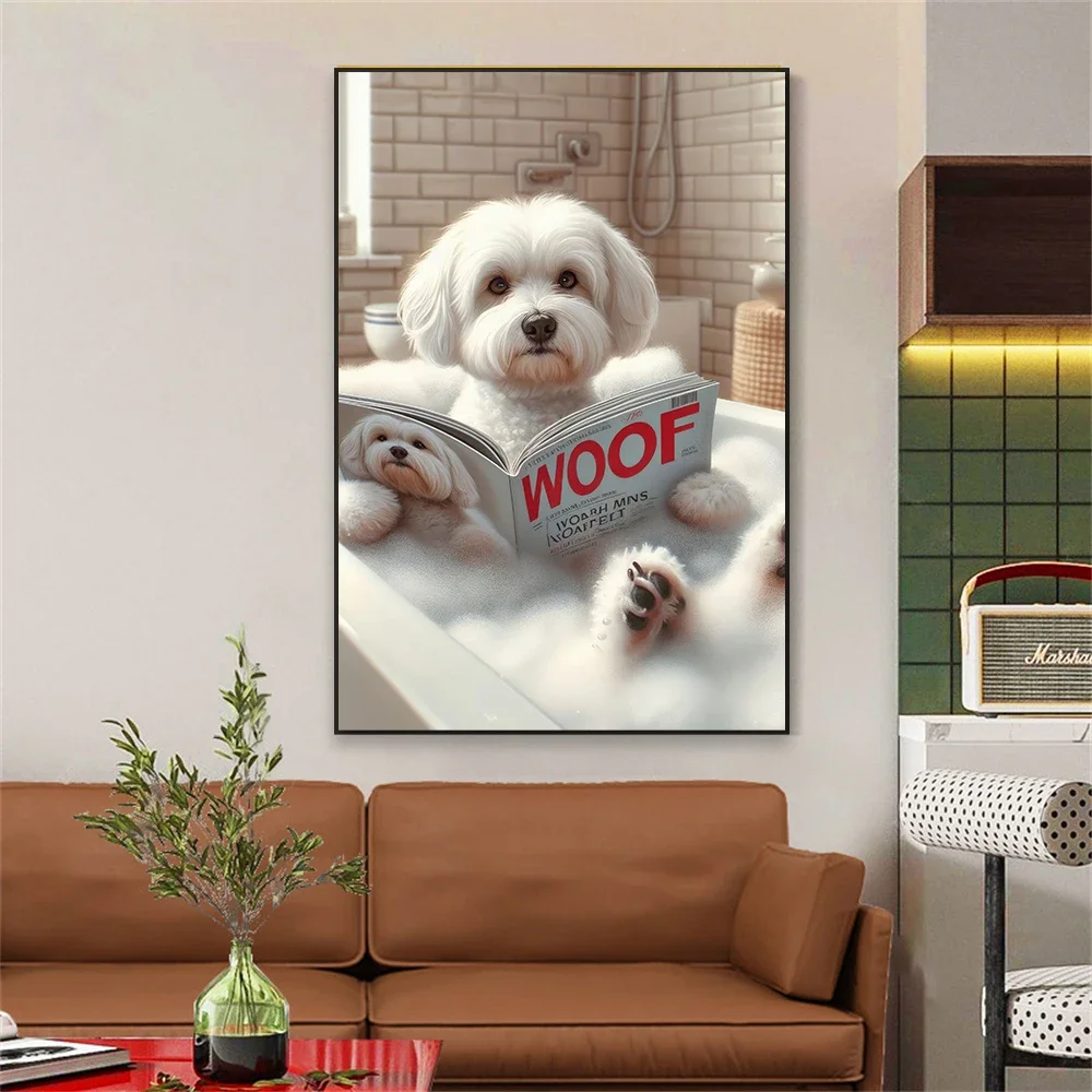 Funny Bathroom Maltese Dog Toilet Looking Magazine Wall Art, HD Canvas Print Poster, Home, Kids Bathroom, Room Decor