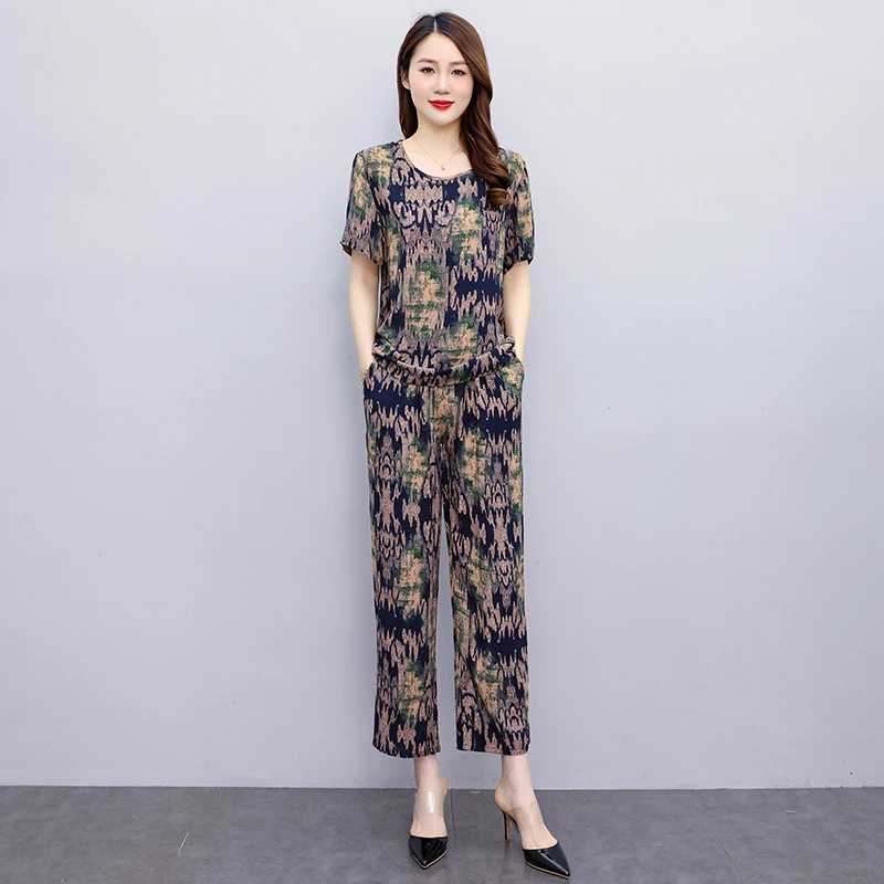 Women Two Piece Outfits 2023 Summer Women\'s Suit Chic and Elegant Woman Pants Set Loose Printing Casual Blouse