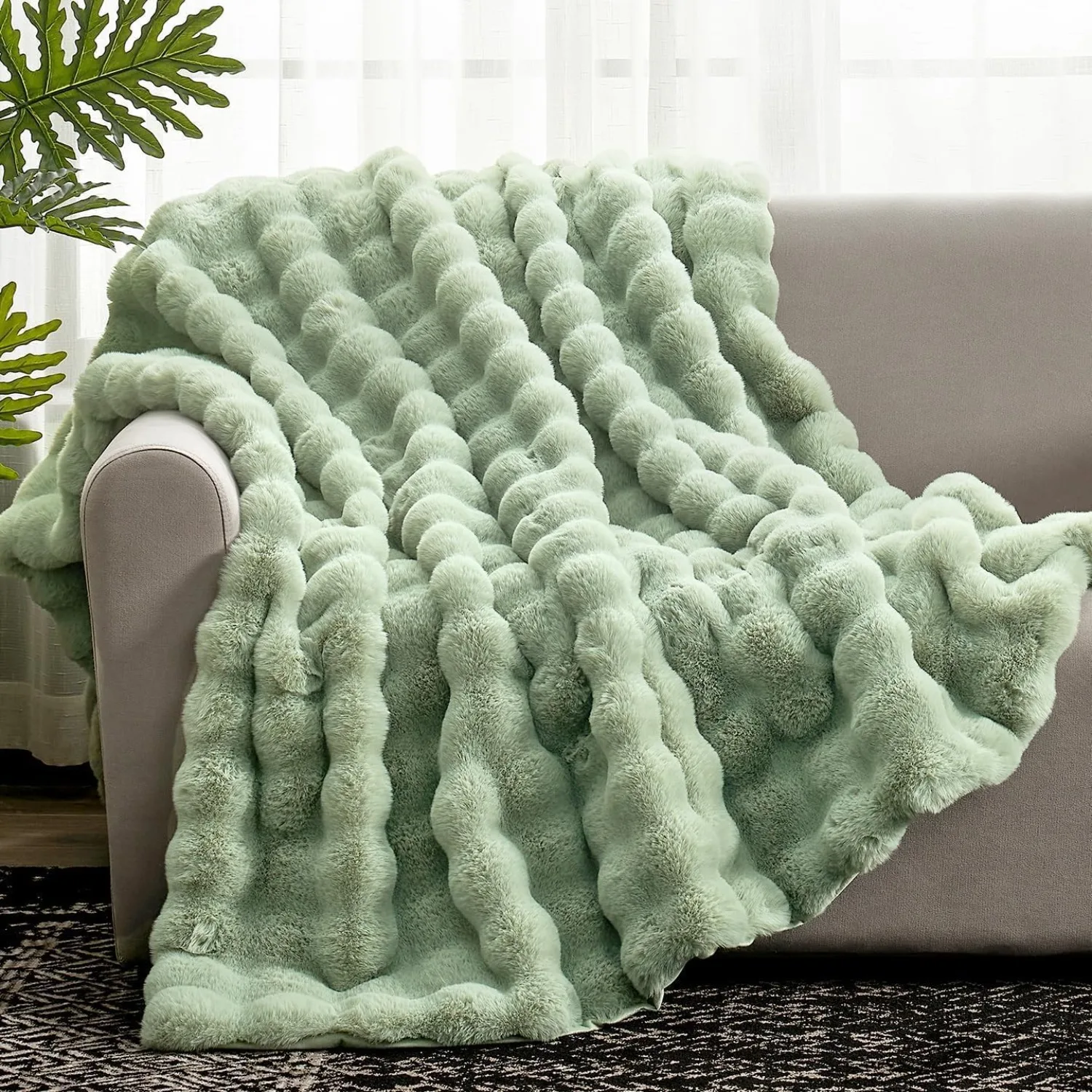 

Comfortable ultimate sofa with faux fur blanket, 50 * 60 inches sage green
