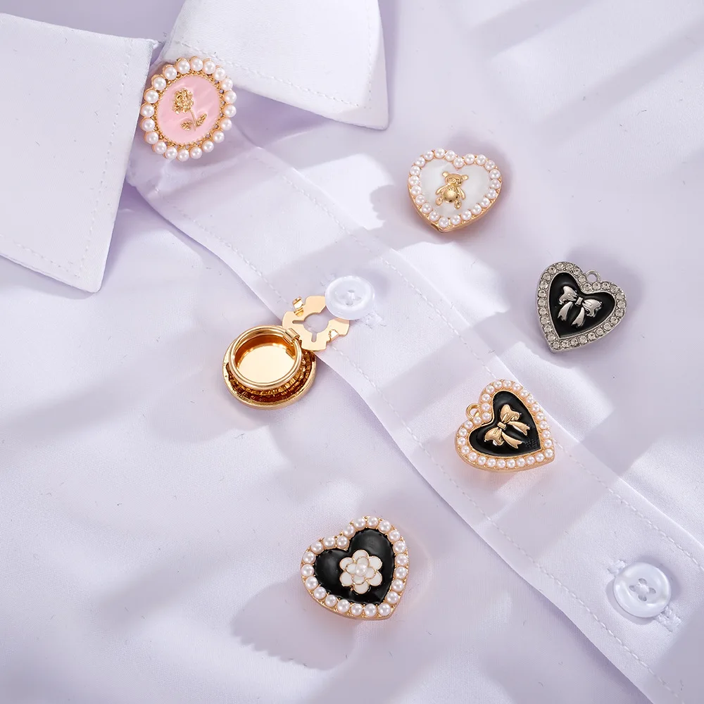 A Set Pearl Love Heart Bear Shirt Cufflinks Little Fragrance Style Women Clothing Decoration Buttons DIY Accessories