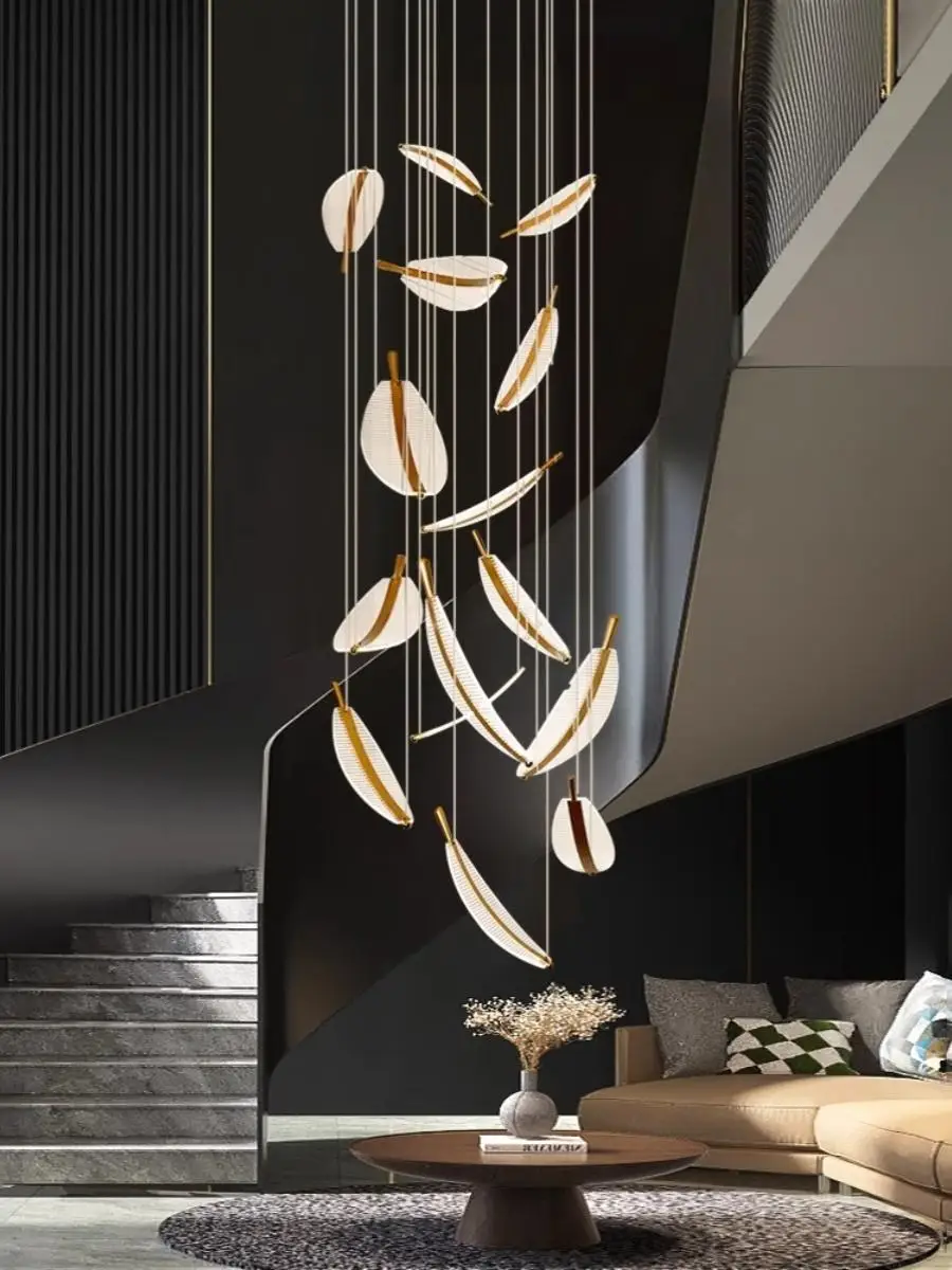 

LED Feather Pendant Lamp Acrylic Leaf for Dining Living Room Bedroom Long Staircase Chandelier Light Indoor Lustre Luminaire