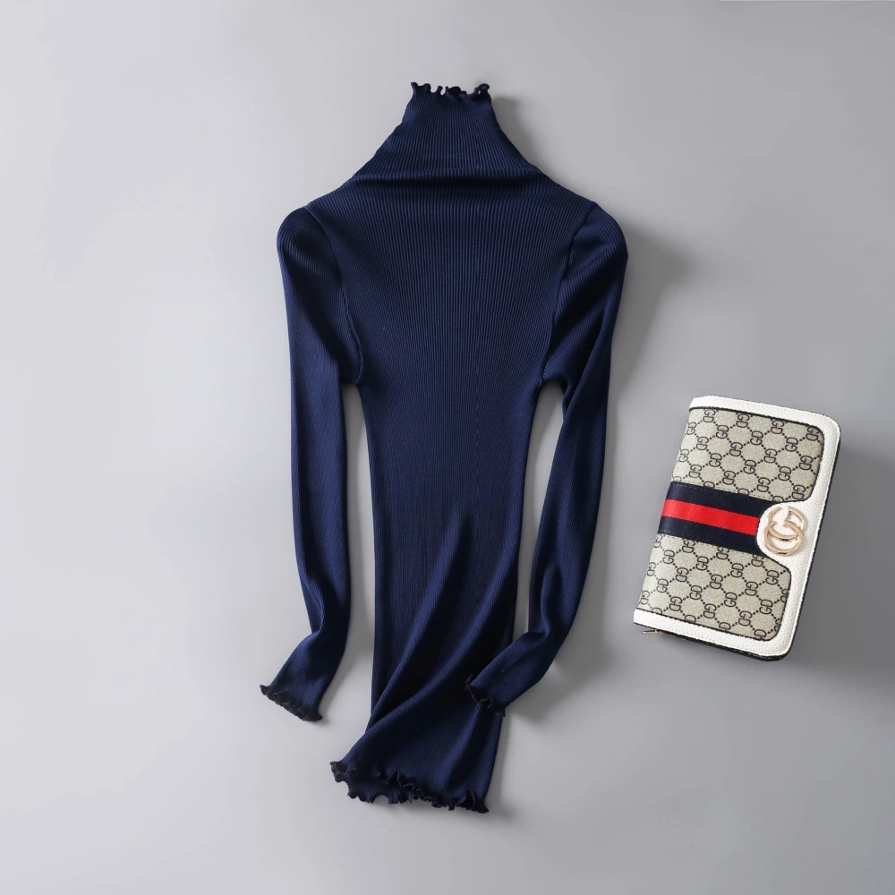 Birdsky, Women long sleeve turtleneck pullover Tops Tees ruffles high collar slim fit extended Rib 70% mulberry silk, OR-46