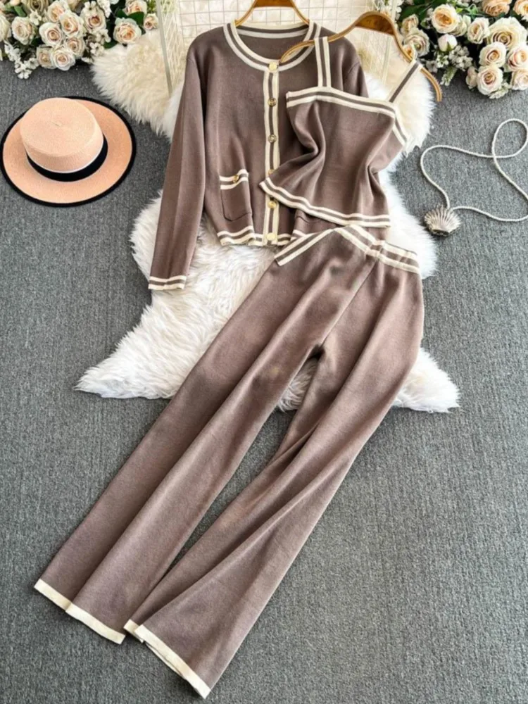 Y2k High Street Outfits Woman Solid Knitted Cardigan + Spaghetti Strap Vest + Wide Leg Pants Autumn Korean Chic 3-częściowy zestaw Nowy