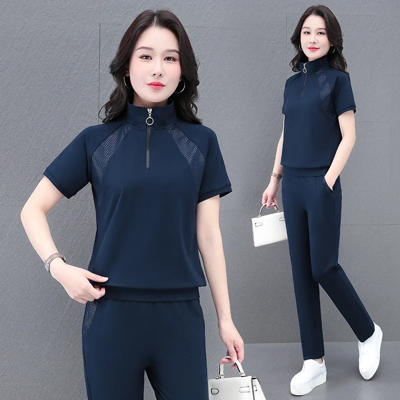 

New Women'S Summer Fashion Versatile Lapel Casual Sports Suit Casual Loose Fit Slimming Short Sleeved Pants Two-Piece Set