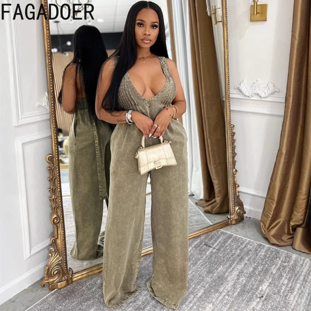 FAGADOER ฤดูร้อนใหม่ Casual Ruched Patchwork Jumpsuits ผู้หญิงสีทึบหลวม Rompers หญิง Streetwear Overalls ใหม่