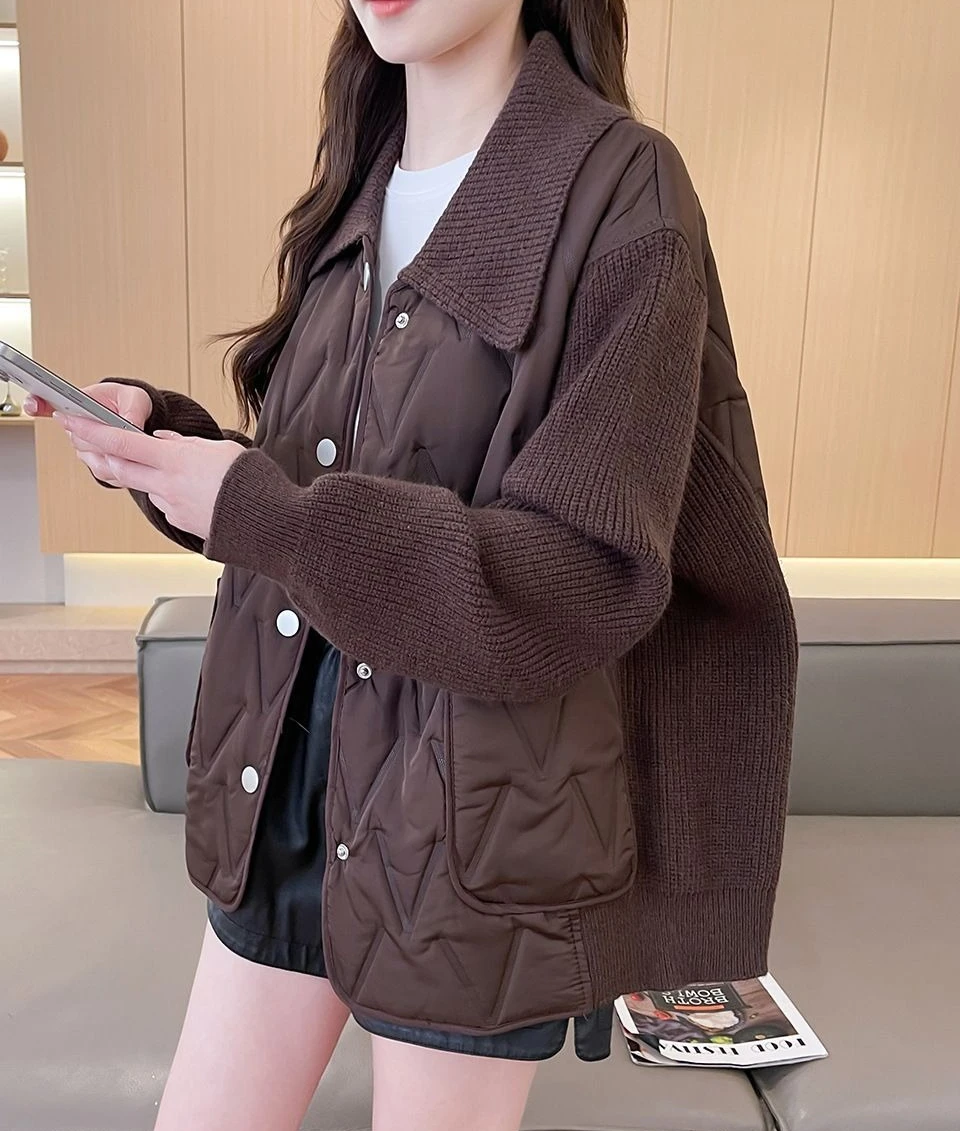2026 Fashion Autumn/Winter New Women's Down Cotton Jacket Loose Windproof Splicing Knitted Coat