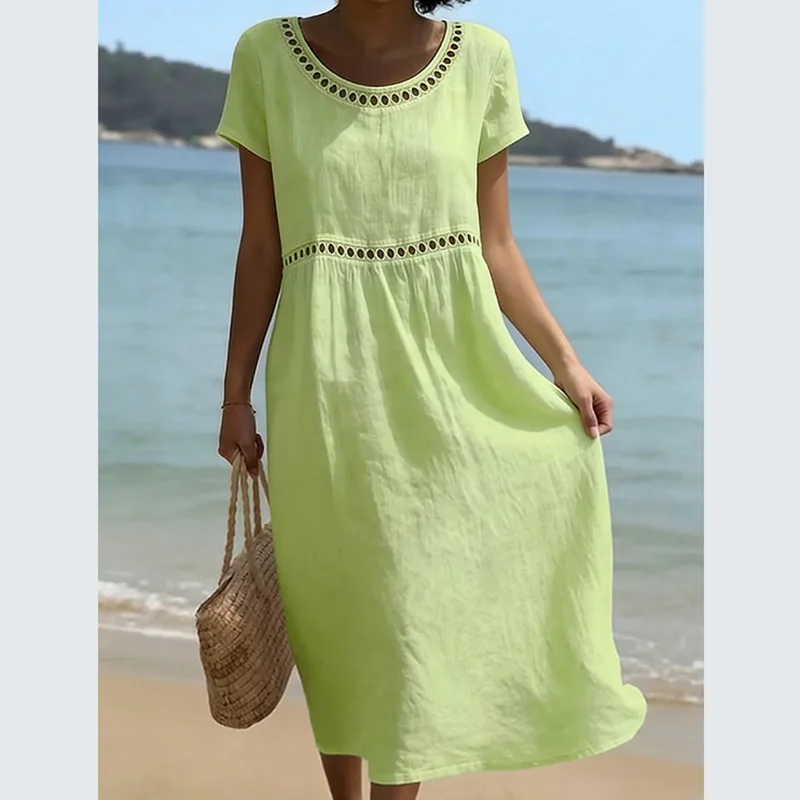 Round Neck Hollow Out Short Sleeved Solid Color Splicing Loose Commuting Dress For Women Summer New Vacation Stroll Casual Dress