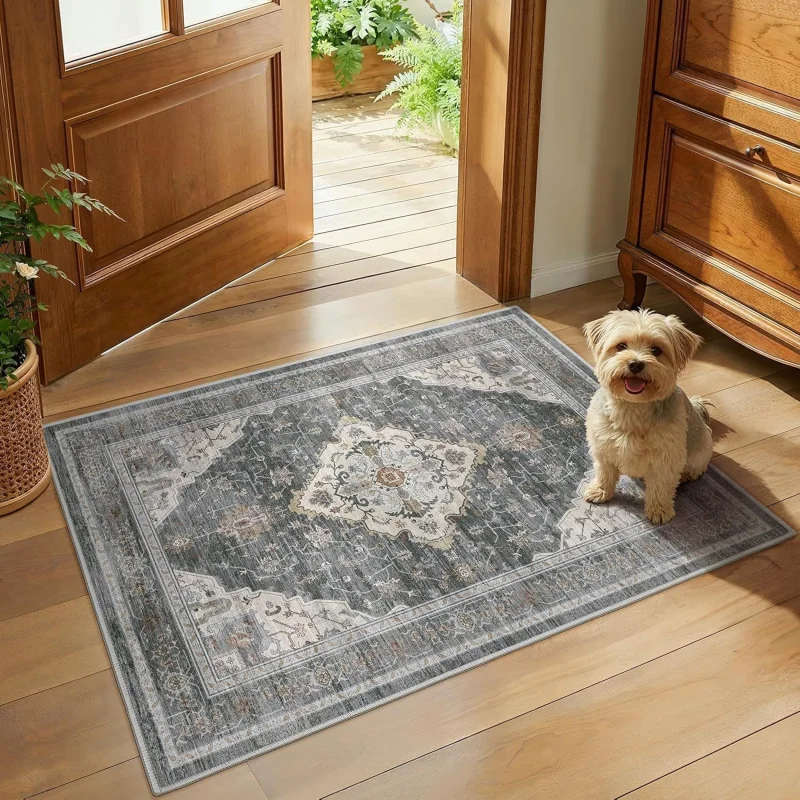 VIKAMA Grey Blue Persian Rug Medallion Vintage Distressed Bohemian Art Flannel Door Mat Non Slip Entryway Bedroom Living Room