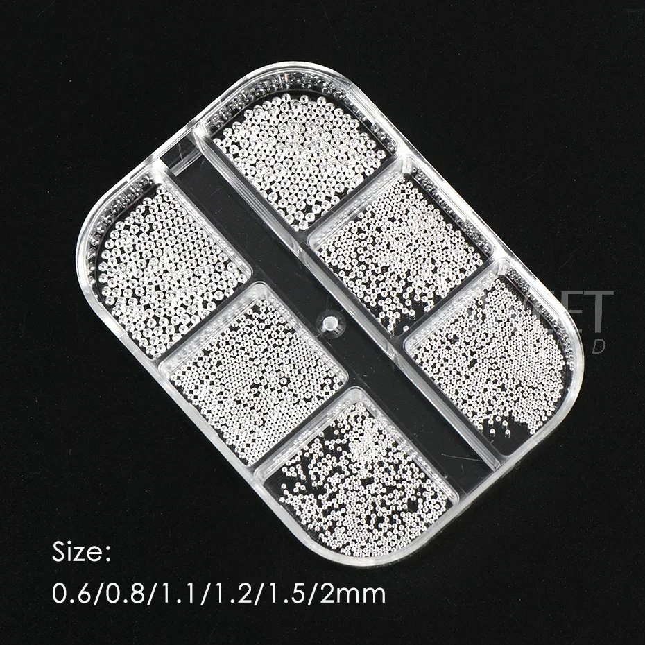 Set de 6 recipientes con cuentas mini caviar para uñas, 0.6-2mm, cuentas de acero inoxidable plateadas, accesorios DIY para decoración de manicura 3