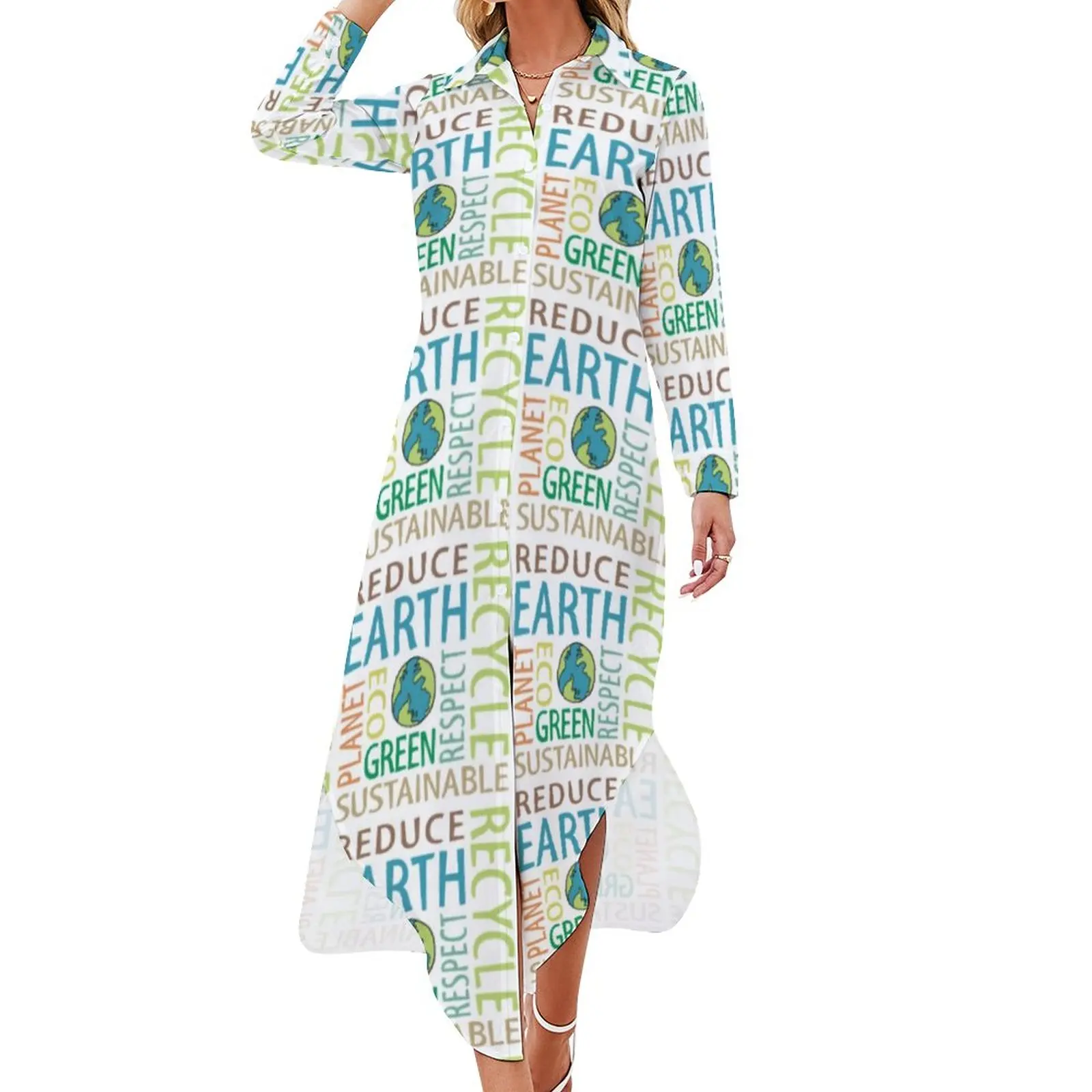 Word Art Print Chiffon Dress Earth Day Elegant Dresses Female Long Sleeve Street Wear V Neck Printed Oversized Casual Dress