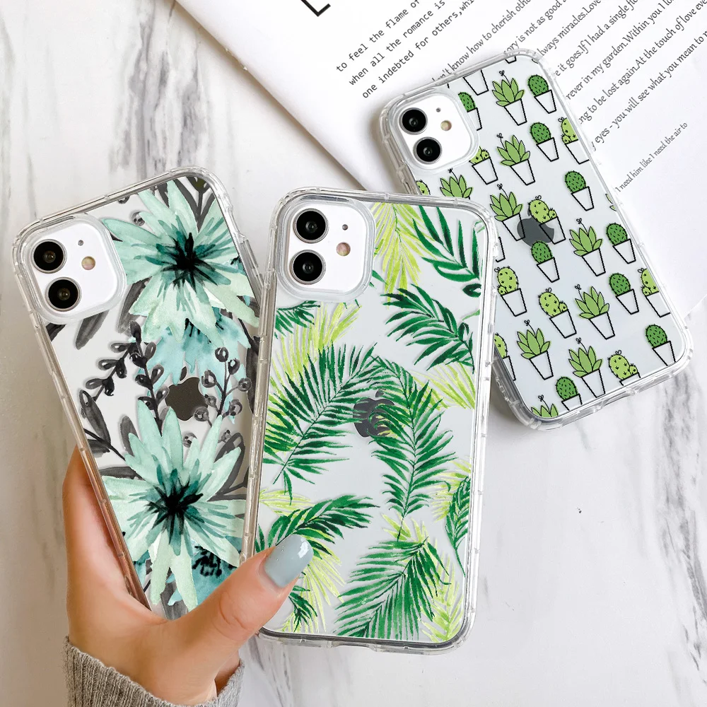 Green Cactus Painted Case For iPhone 12 Cases iPhone 14 Pro Max 11 13 Mini XR X XS 7 8 Plus SE 2022 2020 Leaves Phone Case Cover