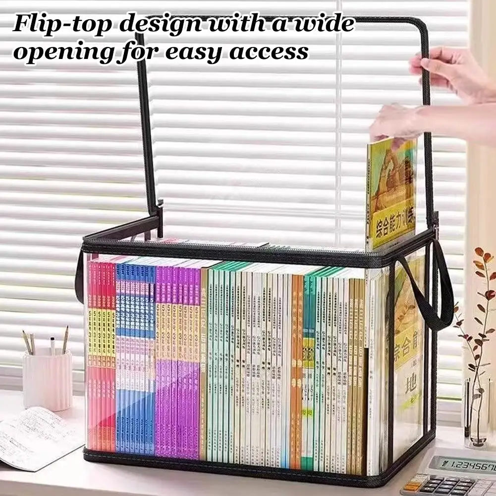 Clear Book Storage Box Large Capacity Foldable Zippered Book Organizer Case Waterproof Dustproof Container for School Desk